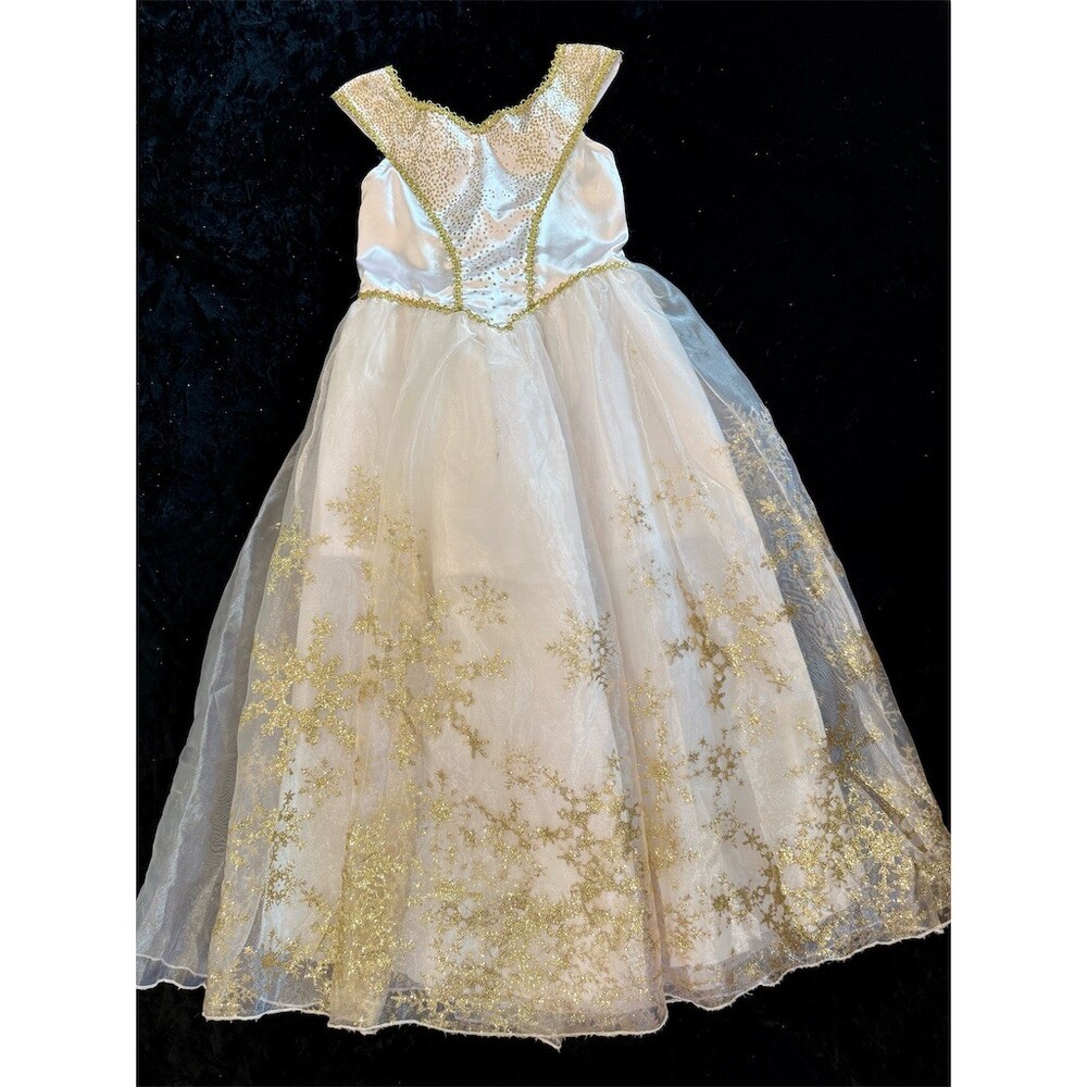 Girls Princess Costume Dress Size 5 White Gold Glitter Snowflake Tulle